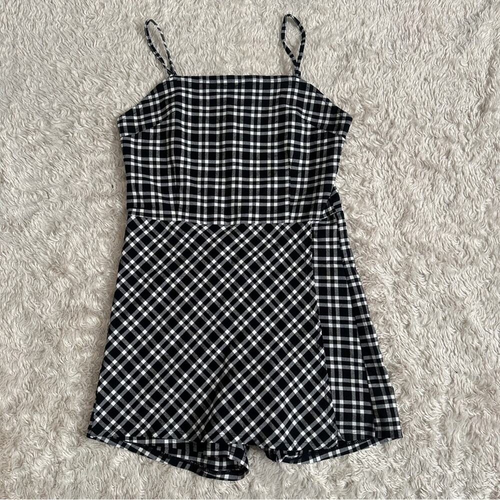 Justify Black White Plaid Spaghetti Strap Mini Dress Romper w Shorts Soft Grunge